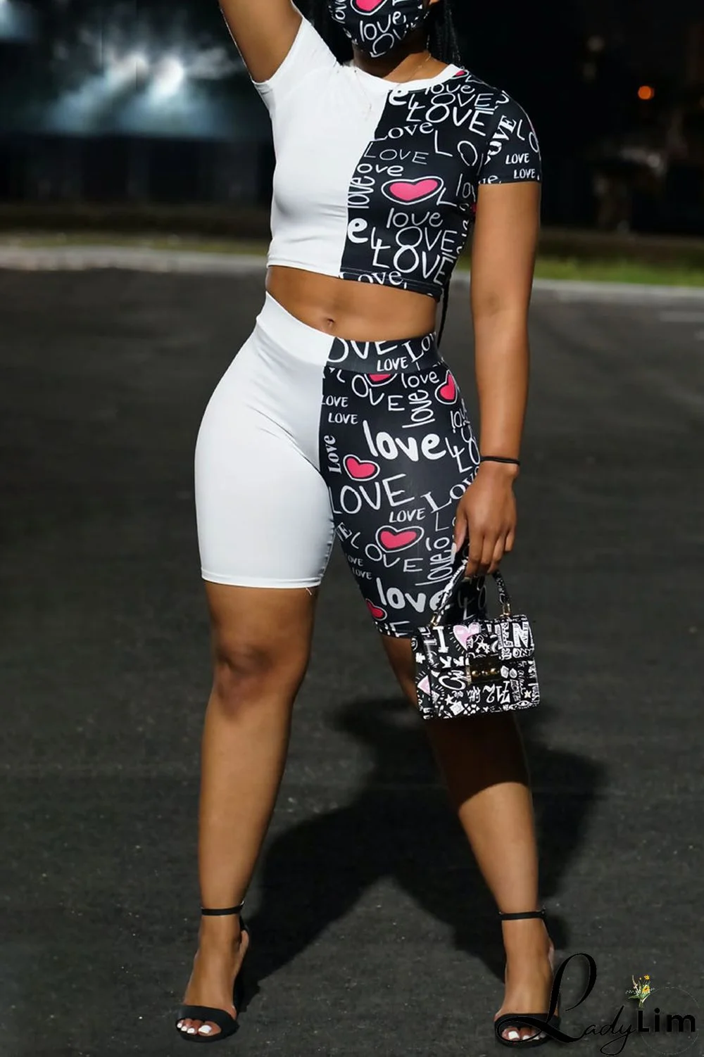 Black Casual Print Split Joint O Neck Short Sleeve Two Pieces