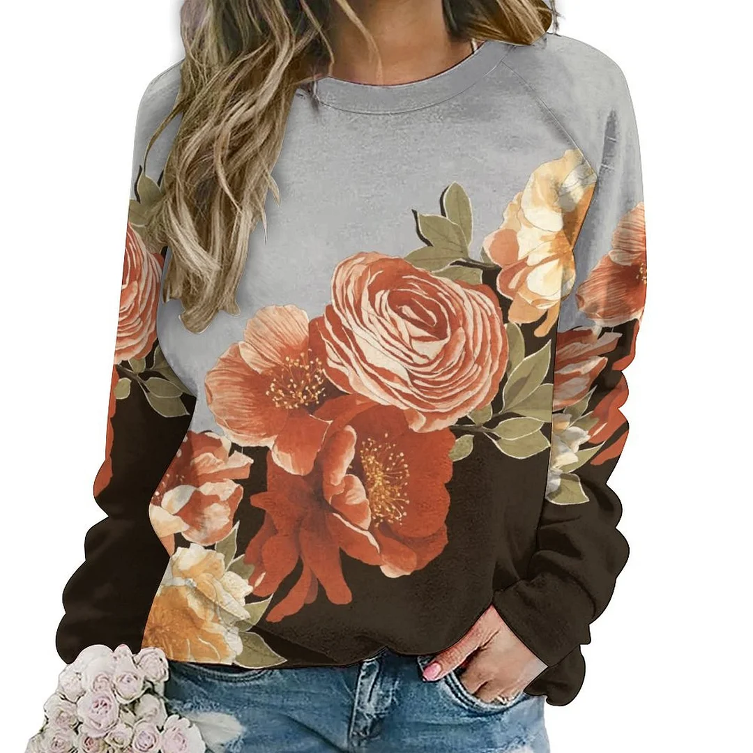 Printed Long Sleeve Casual Sweatshirt for  Women and Men Unisex Pattern Floral, Gray, Orange, Black