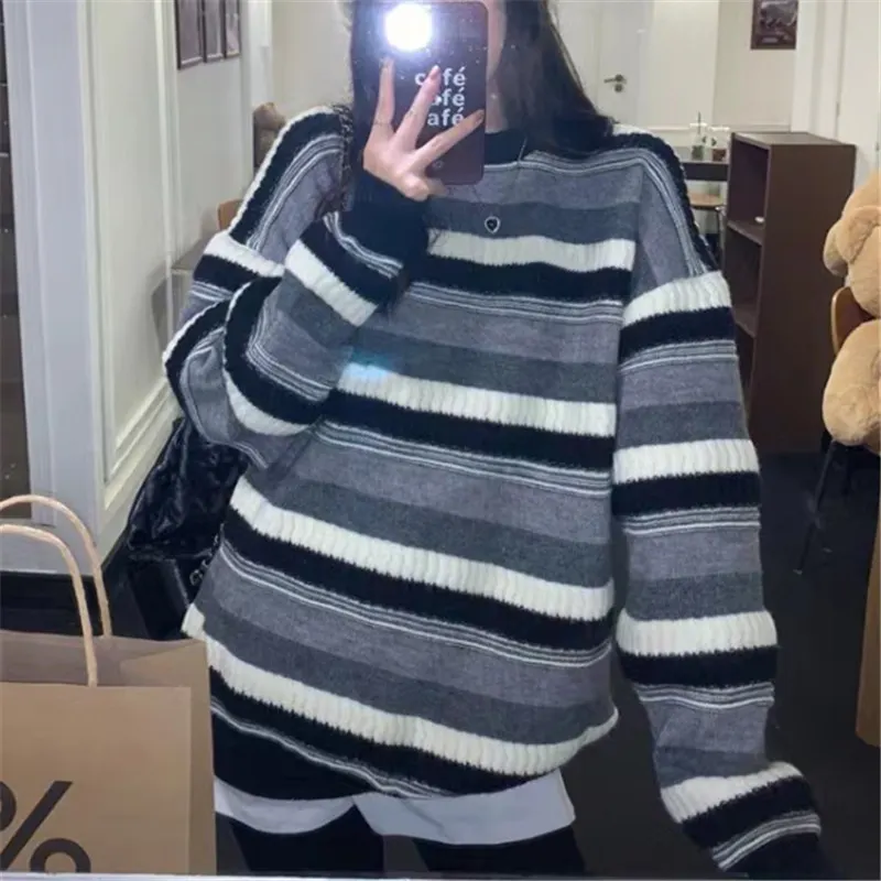 Churchf Churchf Striped Sweater Female Autumn Winter 2024 Autumn Winter New Loose Lazy Wind To Wear A Thick Knit Sweater
