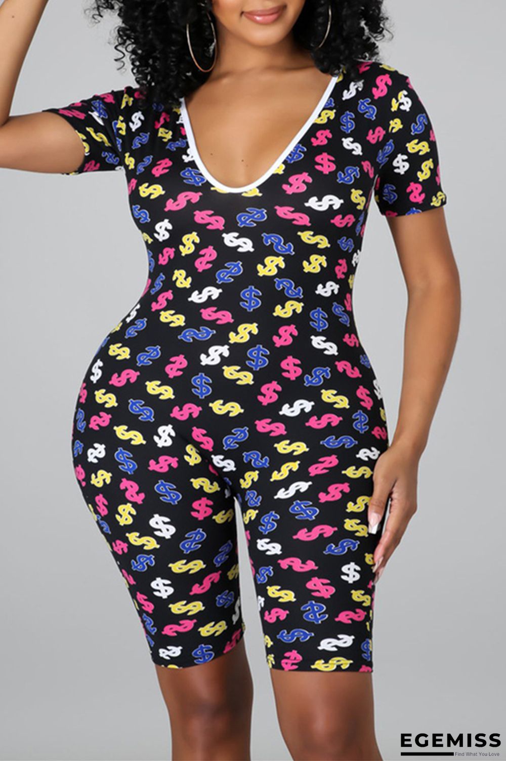 Black Fashion Casual Print Basic V Neck Skinny Short Sleeve Romper | EGEMISS