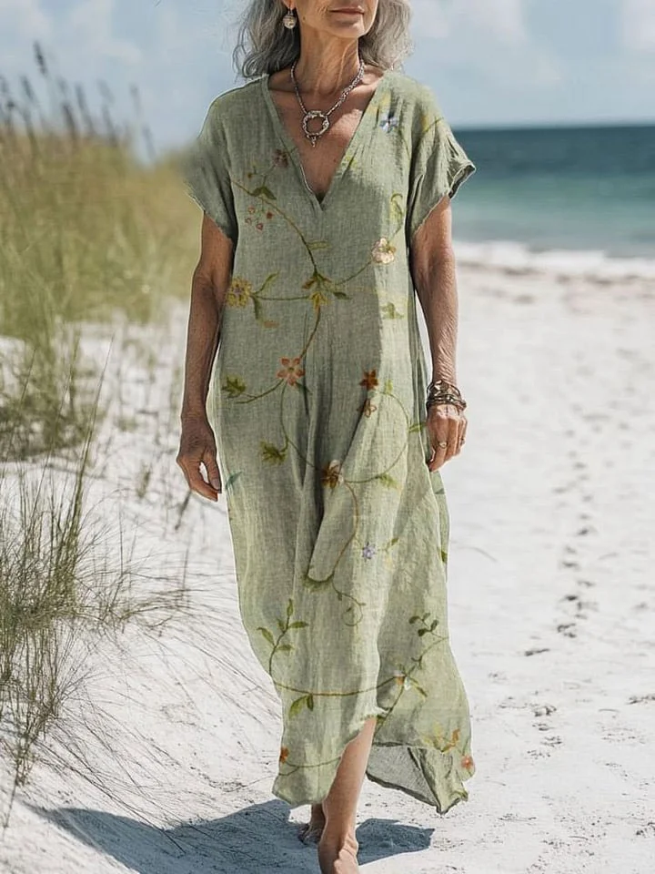 Women's Vintage Lovely Floral Art Print Pocket Cotton Dress