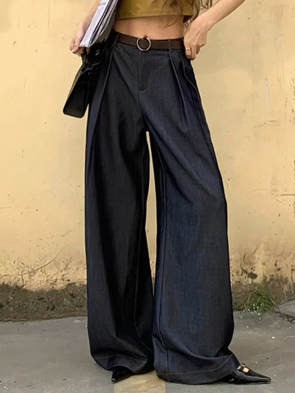 Solid Color Pleated High-Waisted Wide Leg Loose Trousers Pants