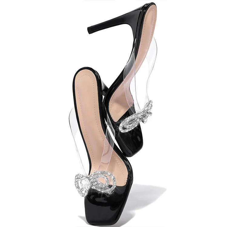 Clear Classic Sandal Bow Heels Square Toe Stiletto Heel Shoes Vdcoo