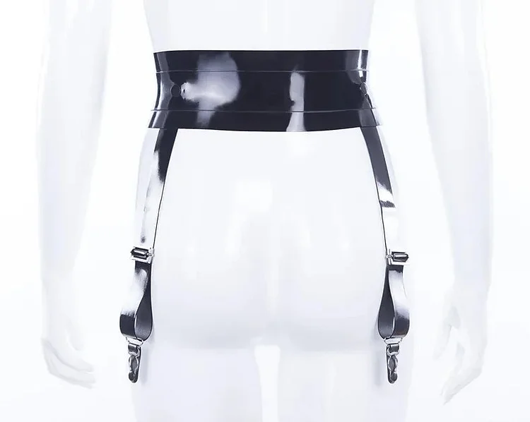 Women Black Latex Suspenders Belt Steel Clasp