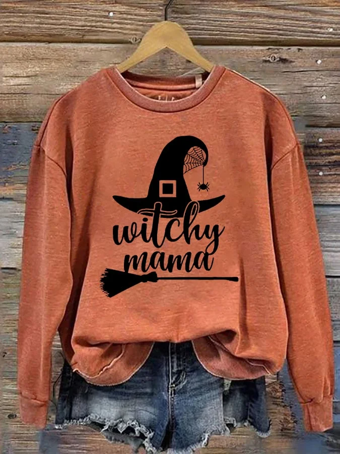Women's Halloween Witchy Mama Print Crew Neck Long Sleeve Sweatshirt 