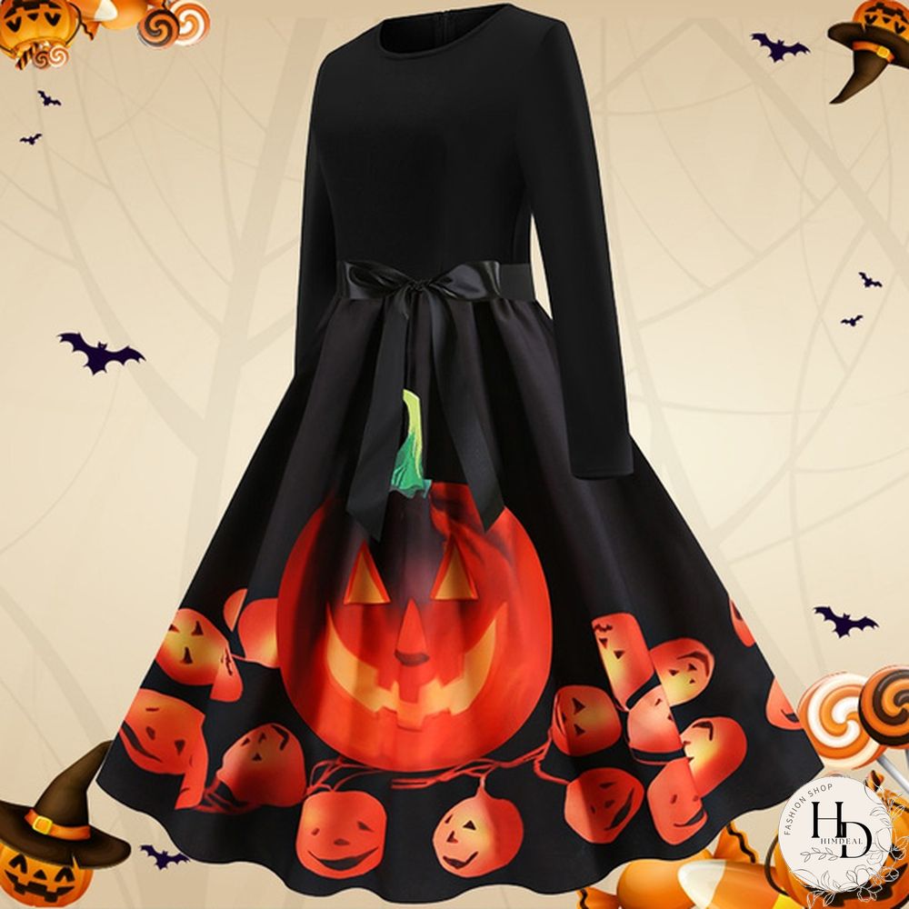 8 Colors Halloween Pumpkin Ghost Skull 3d Print Dresses Santa Claus Christmas Tree Printed Flared Swing Dresses Long Sleeve Ruched Gown Dress Xmas Festival Vestido de Mujer