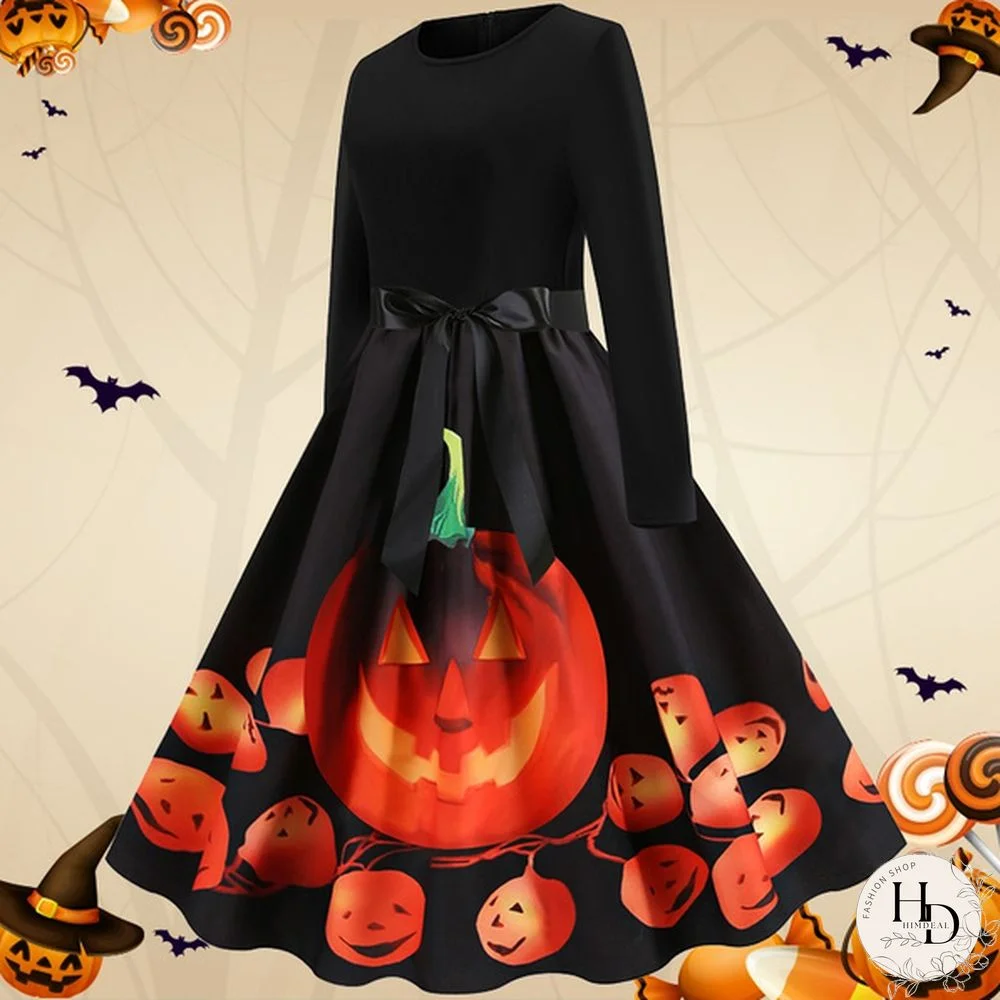 8 Colors Halloween Pumpkin Ghost Skull 3d Print Dresses Santa Claus Christmas Tree Printed Flared Swing Dresses Long Sleeve Ruched Gown Dress Xmas Festival Vestido de Mujer