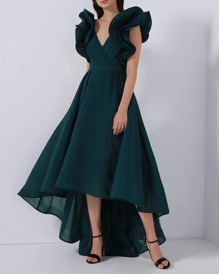 Elegant Ruffle Low Hem Dress