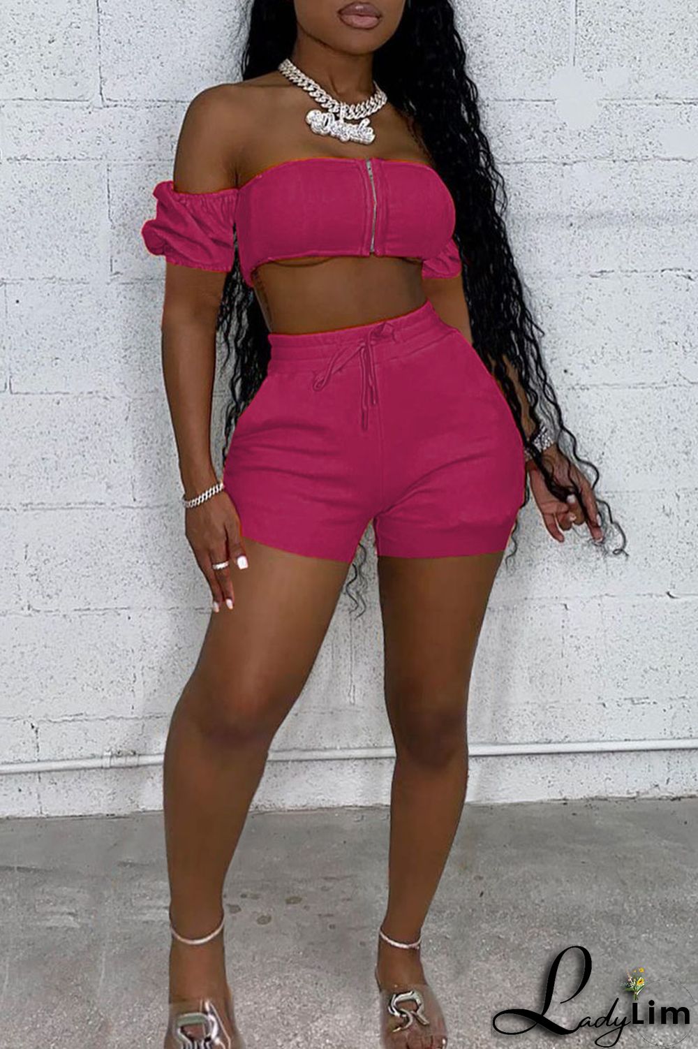 Rose Red Sexy Casual Solid Backless Off the Shoulder Short Sleeve Two Pieces