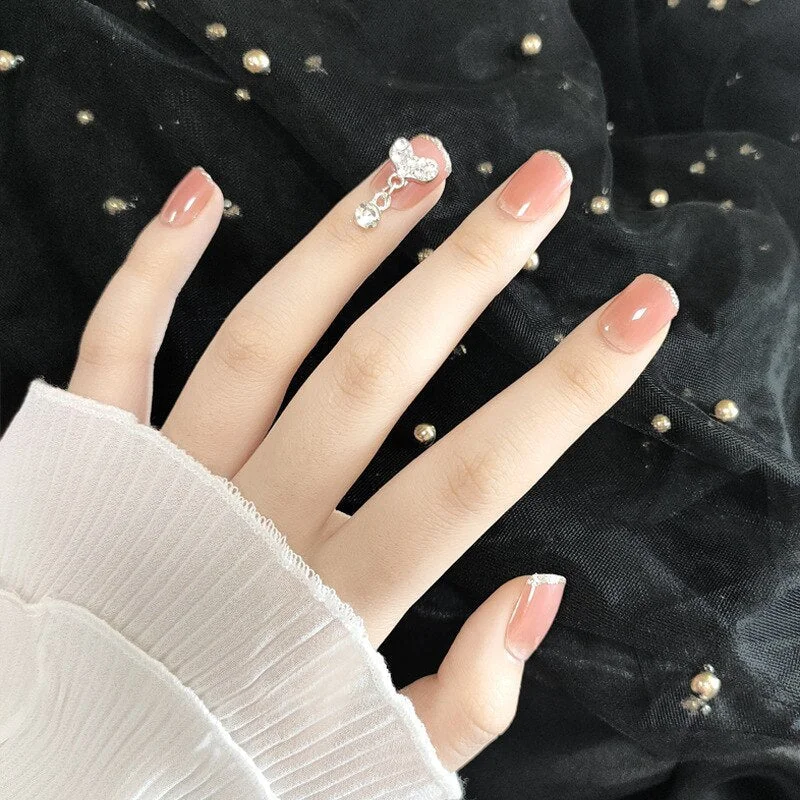 24pcs Pink False Nail Micro Clear Cute Fake Nails Press On Nail Long Nails With Rhinestones Summer Nail Art Decoration 515-1-Nail Inspo