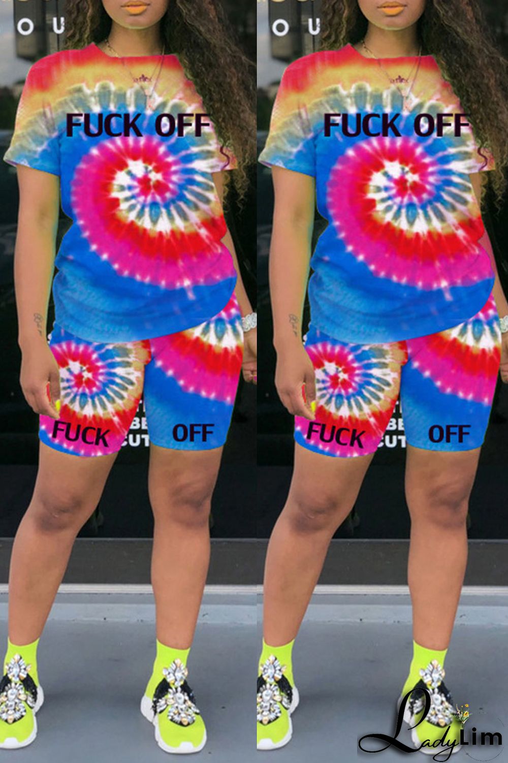 Yellow Fashion Casual Print Tie-dye O Neck Short Sleeve Two Pieces