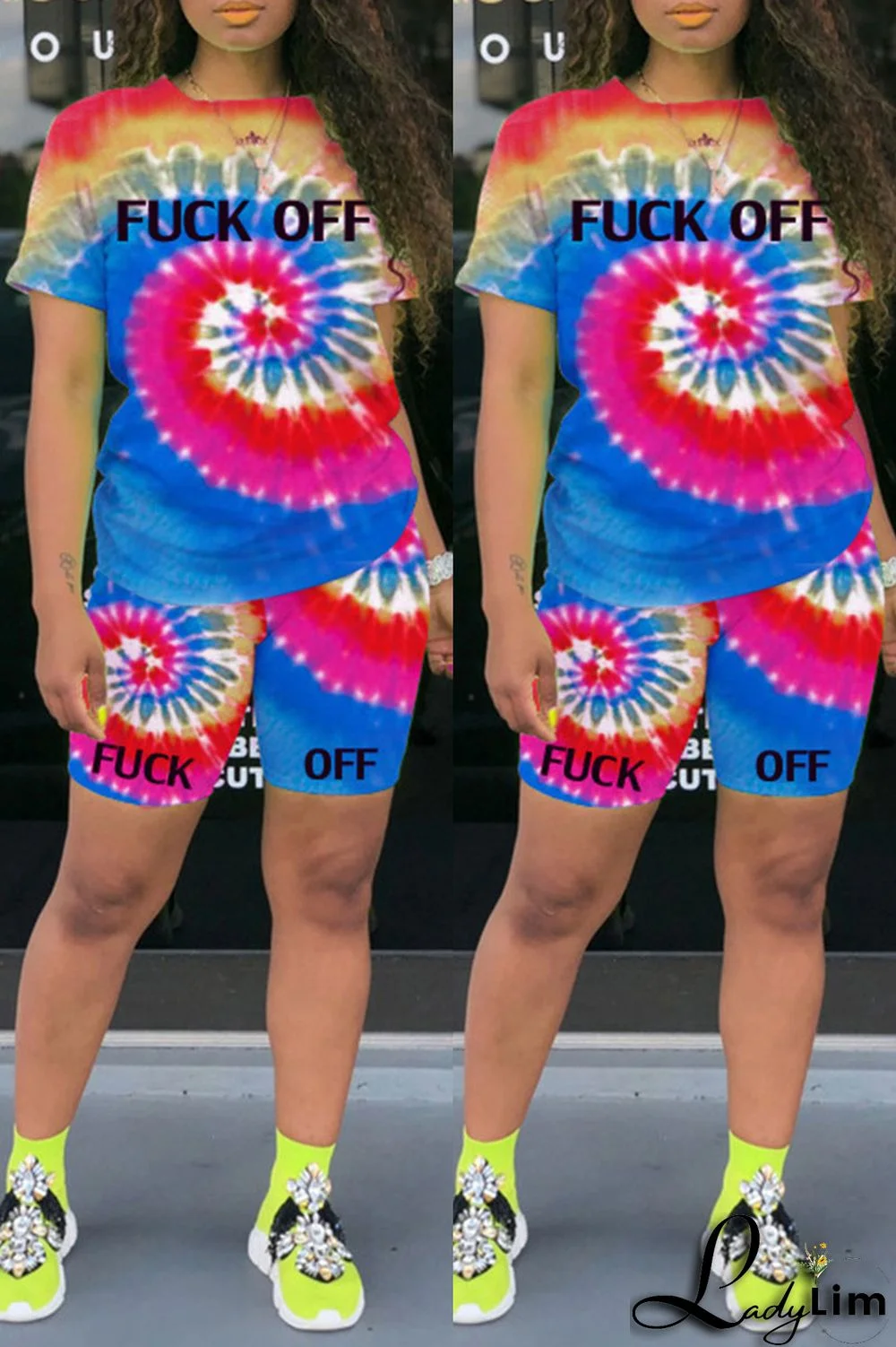 Yellow Fashion Casual Print Tie-dye O Neck Short Sleeve Two Pieces