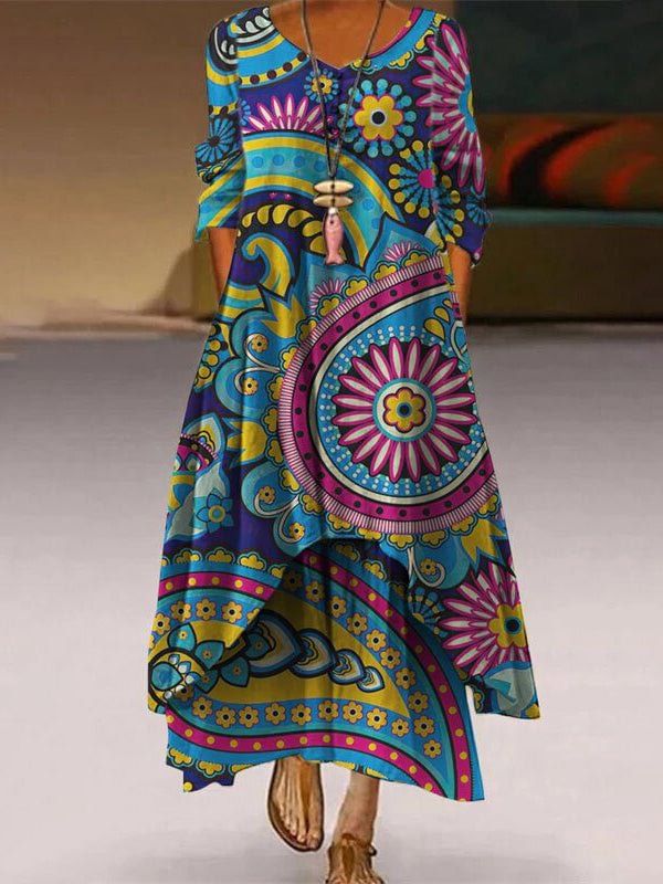 Abstract Graphic Printed Round Neck Long Sleeve Dress