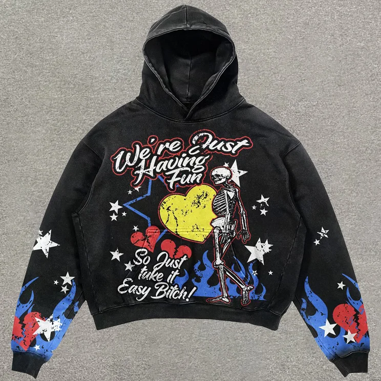 Retro Casual Street Skull Retro Washed Hoodie