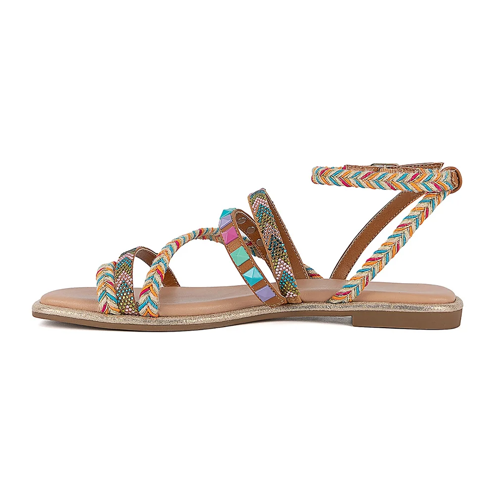 Multicolor Studded Square&nbsp;Toe Braided Strappy Flat Sandals for Women