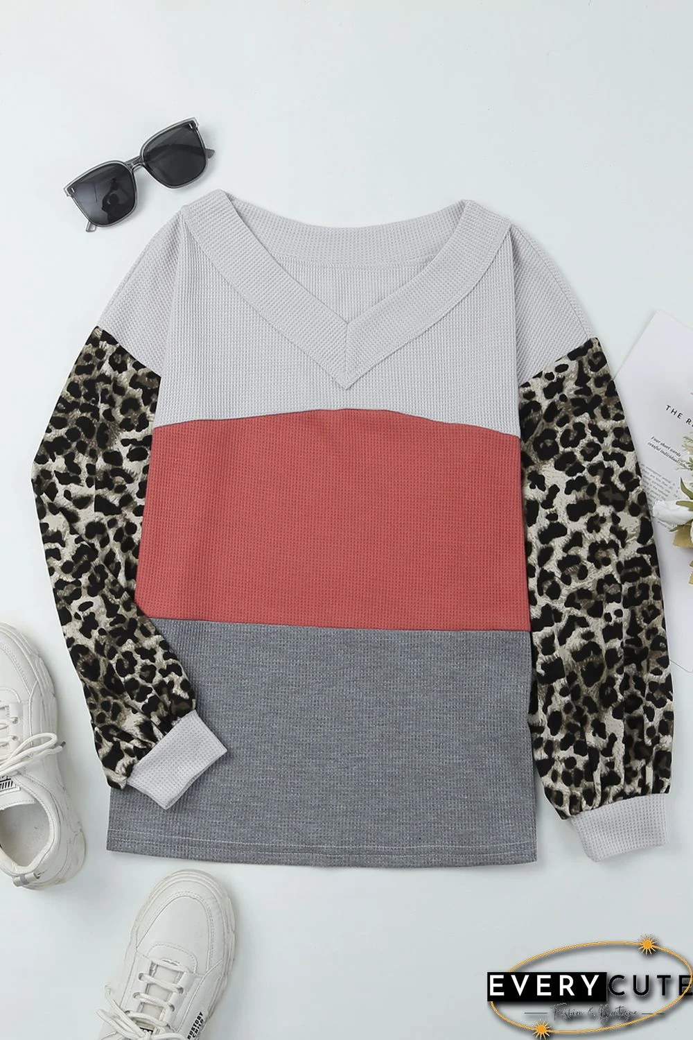 Red Wild Leopard Contrast Sleeve Colorblock Waffle Knit Top