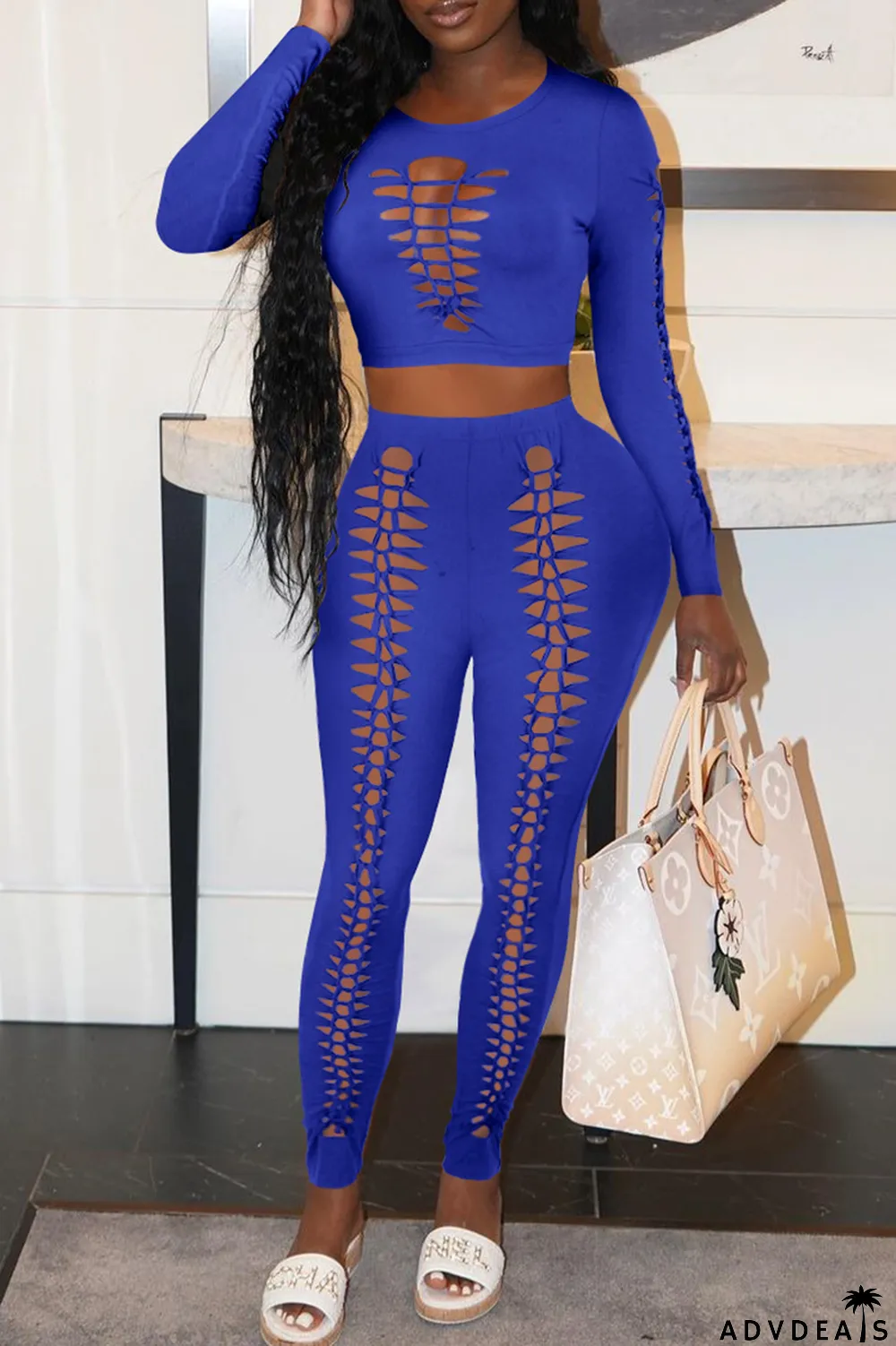 Color Blue Sexy Solid Ripped O Neck Long Sleeve Two Pieces