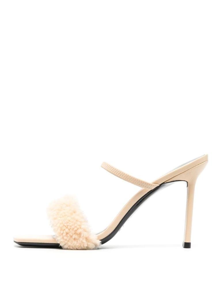 Simple Shearling Double Strap Square-Toe Heeled Sandals Slippers Mules