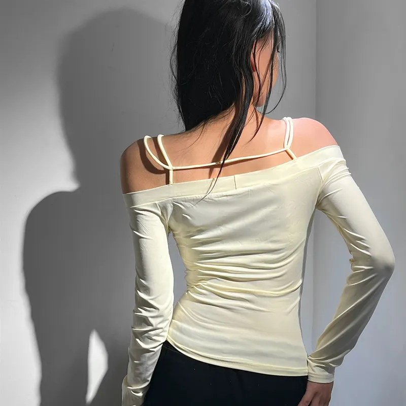 Uveng Uveng 2024 New Women's Long Sleeve One-Line Shoulder Sexy Top Casual Thin Undershirt