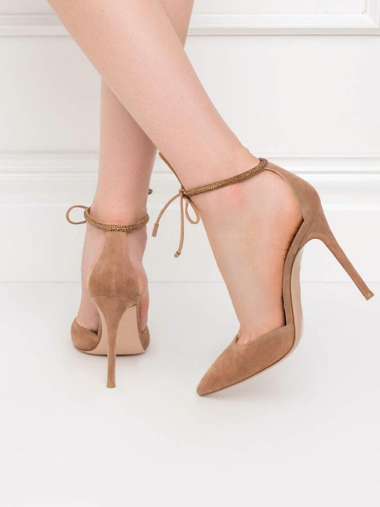 Nude Rhinestone Bow Ankle Tie Women Pumps For Wide Feet 
