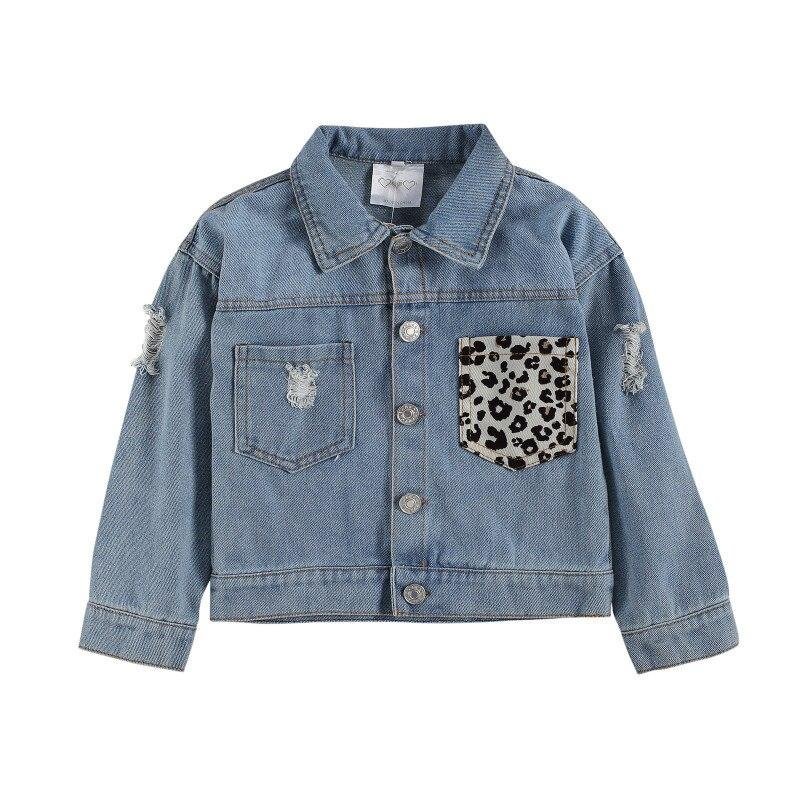 1-6Y Infant Kids Baby Girls Jeans Coat Sequin Leopard Ripped Hole Patchwork Fashion Denim Jackets Tops Spring Autumn Clothes