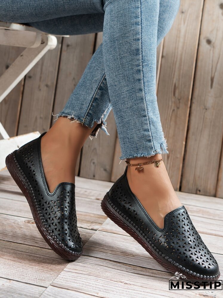 Women Comfortable Hollow Out Flats, Fashionable Black Loafer Flats