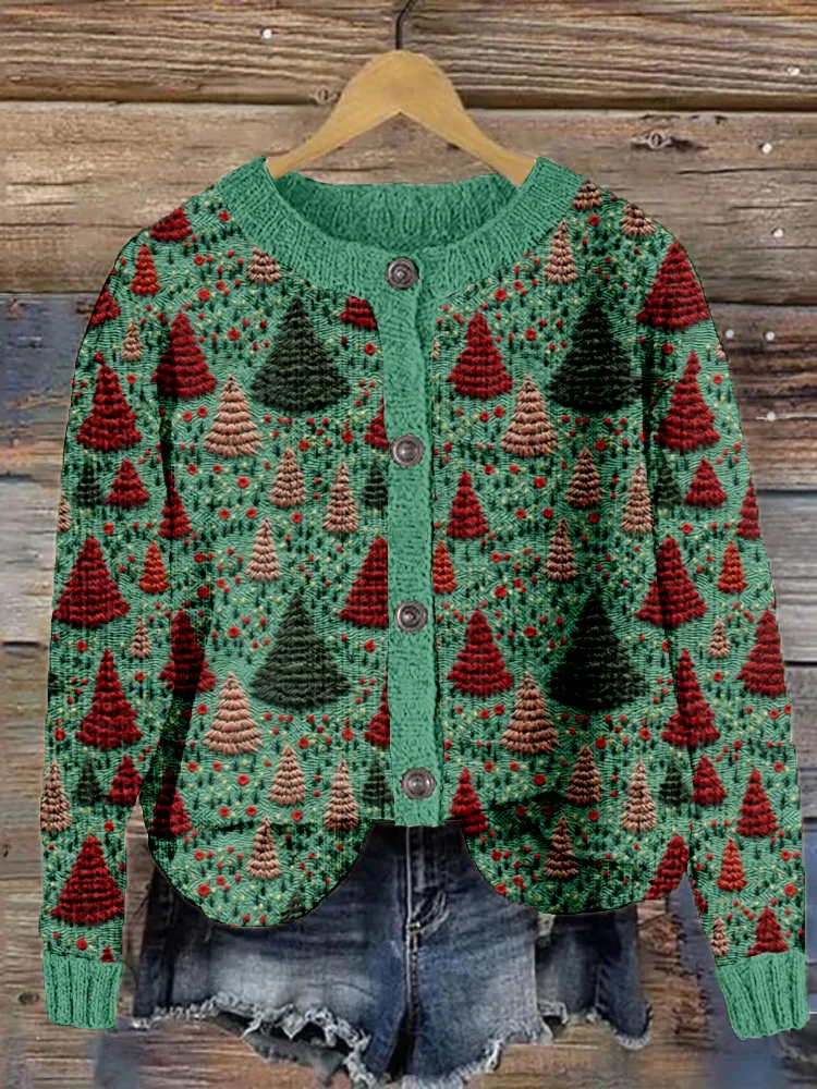 Forest Flowers and Trees Embroidery Art Cozy Knit Cardigan