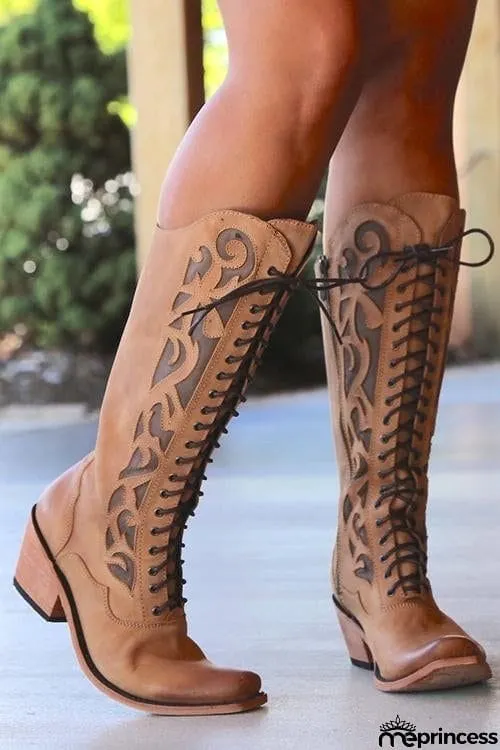 Laser Cut Lace Up High Boot
