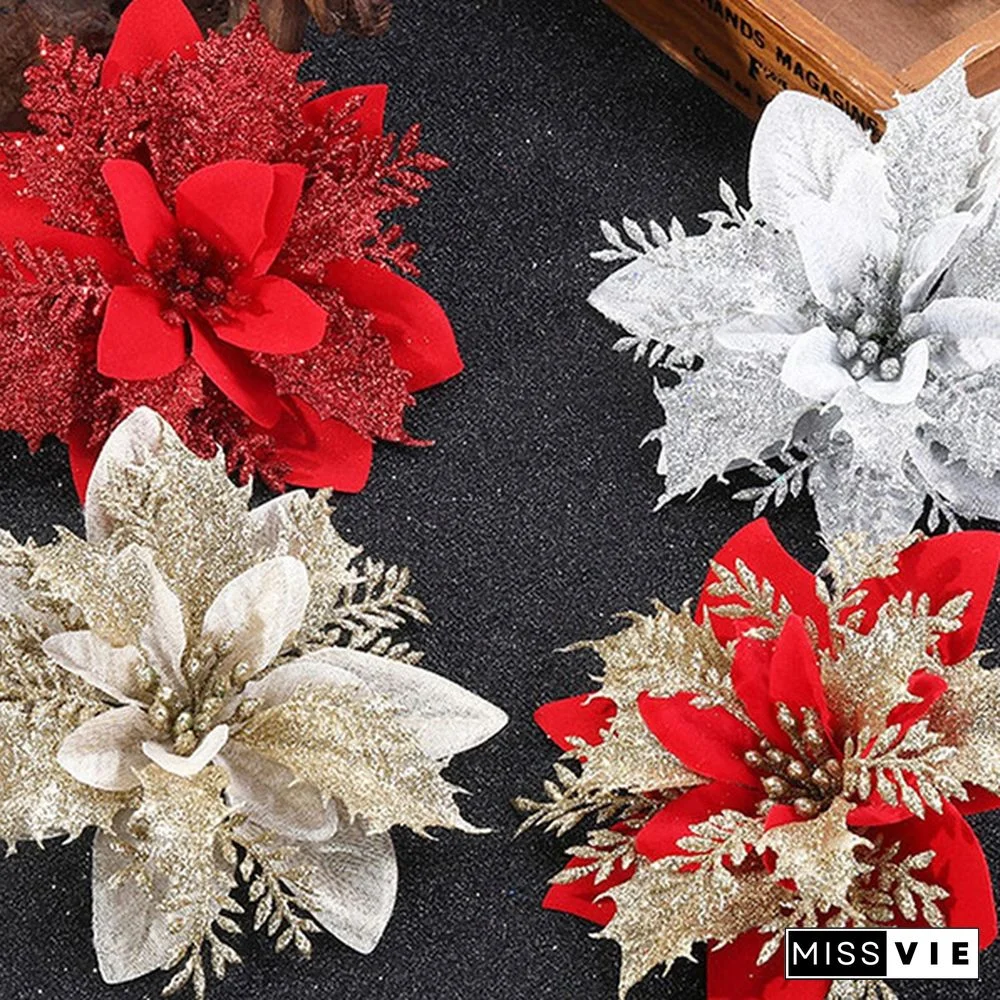 10 Pcs/Set Glitter Christmas Flower Poinsettia Christmas Tree Decorations Ornaments Christmas DIY Craft 11 Colors