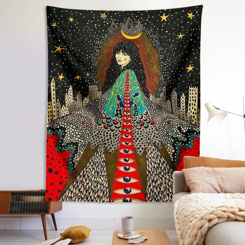 Psychedelic Girl Tapestry Wall Hanging Botanical Celestial Floral Tapestry Hippie Eye Wall Carpets Dorm Decor Starry SkyCarpet