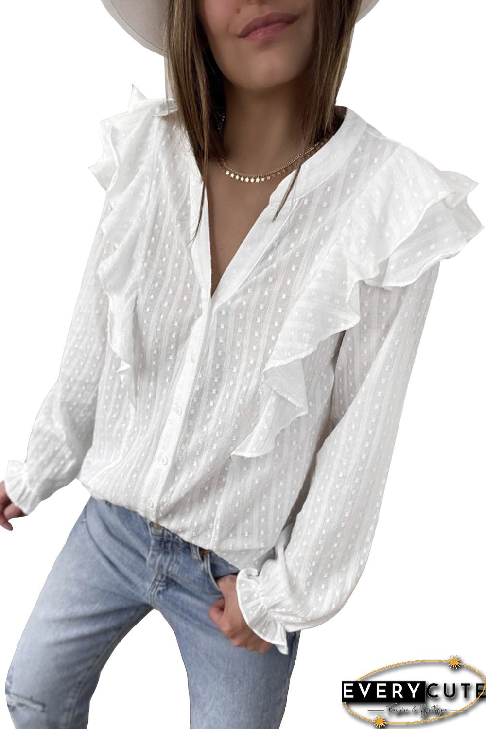 White Dotted Texture Sheer Ruffles Bubble Sleeves Shirt