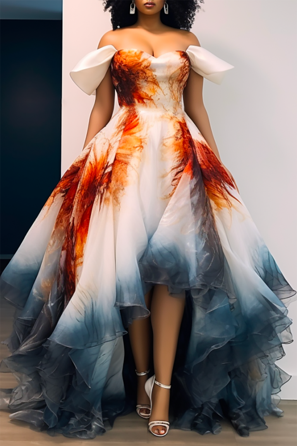 Design Plus Size Cocktail Party Maxi Dresses Elegant White Fall Winter Off The Shoulder Asymmetric Hem Chiffon Maxi Dresses [Pre-Order]