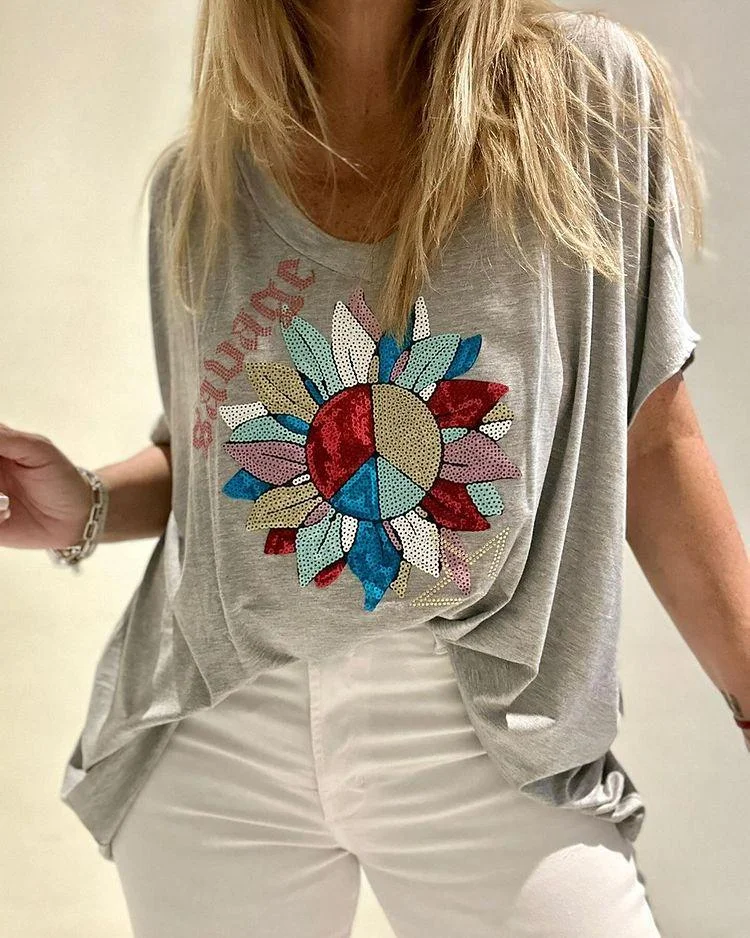 Casual Sequin Beaded Design T-shirt