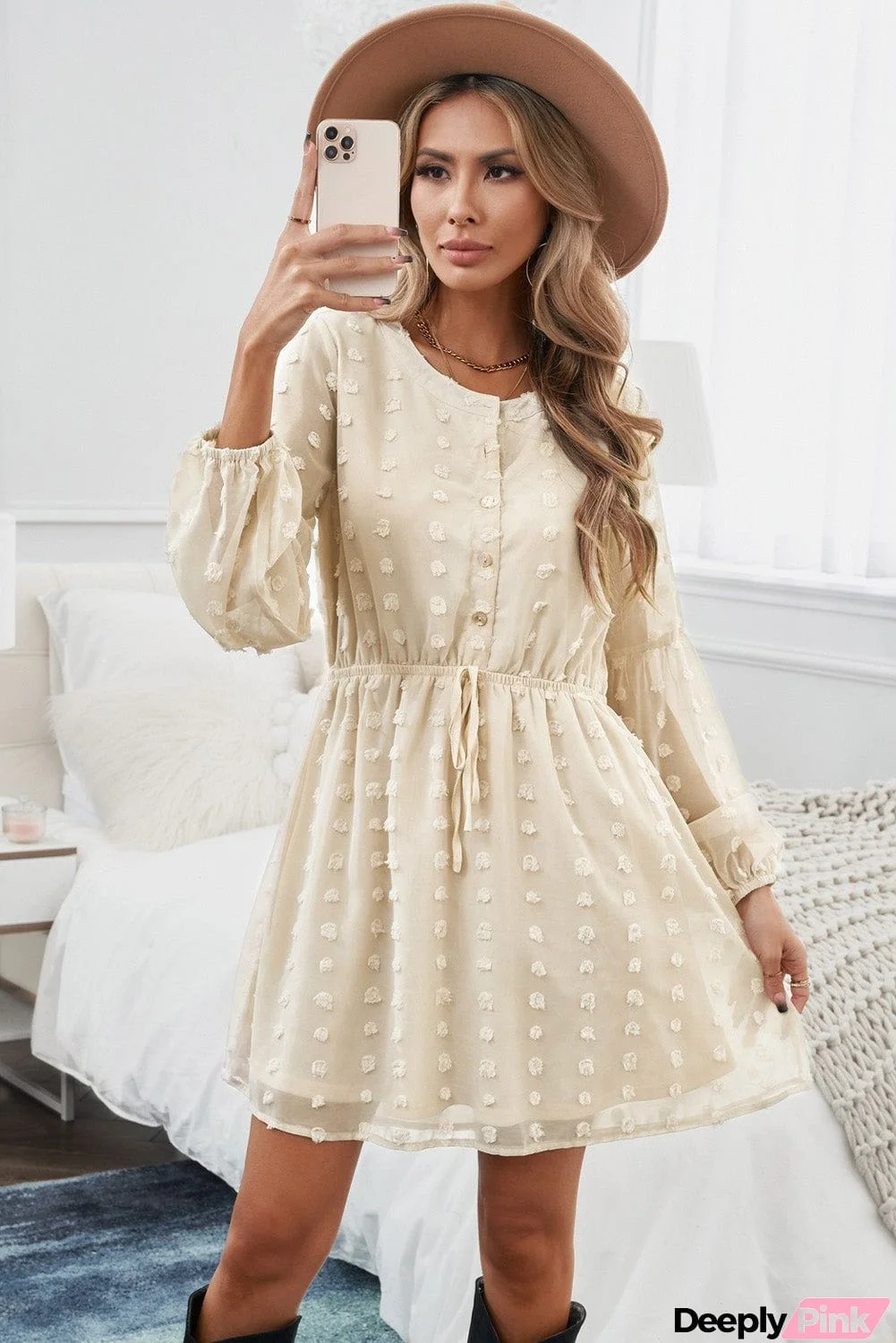 Cute Beige Swiss Dot Shirt Dress