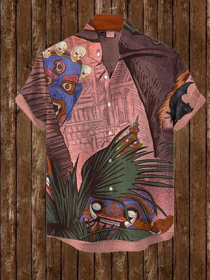 Men's Gothic Monster Bat Buddha Print Short Sleeve Shirt