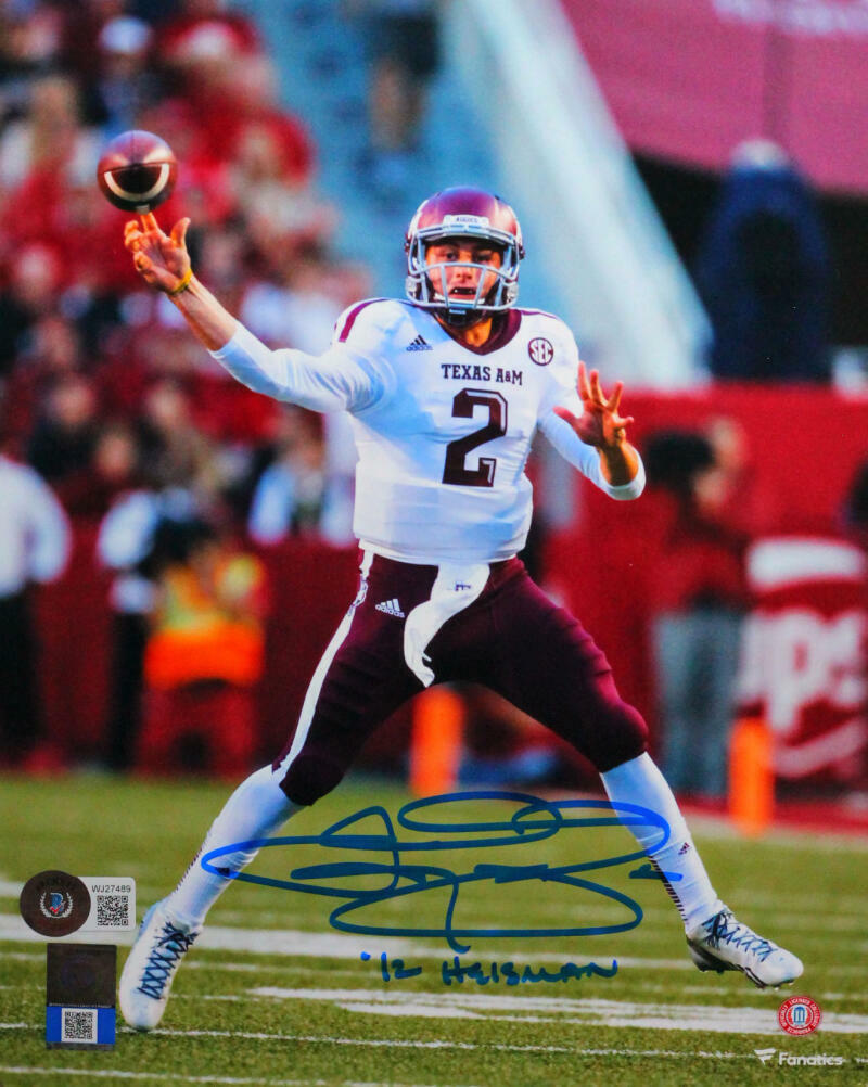 Johnny Manziel Signed Texas A&M 8x10 Passing FP Photo Poster painting w 12 Heisman-BeckettW*Blue