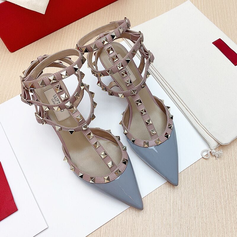 Women's Gladiator Sandals Summer Patent Leather Brand Pumps Metallic Rivet High Heel Shoes 6/8cm Ladies Fashion Party Nightclub