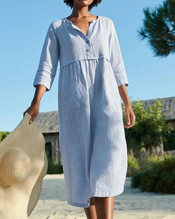 Cotton And Linen Pocket 3/4 Sleeve Dress