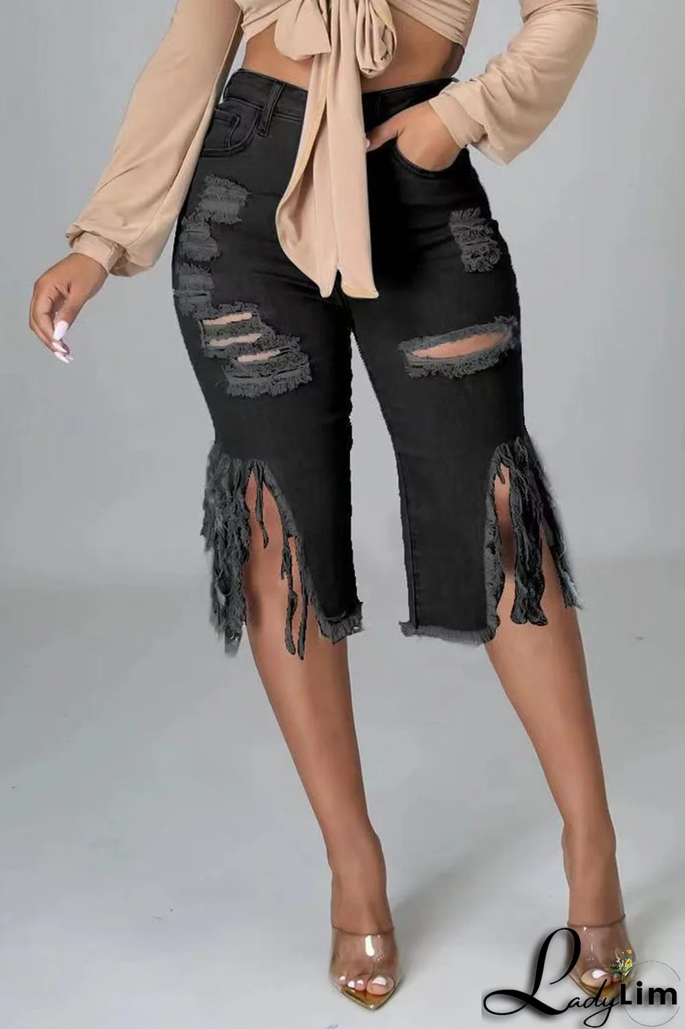 Black Sexy Street Solid Tassel Ripped Make Old Patchwork High Waist Straight Denim Shorts