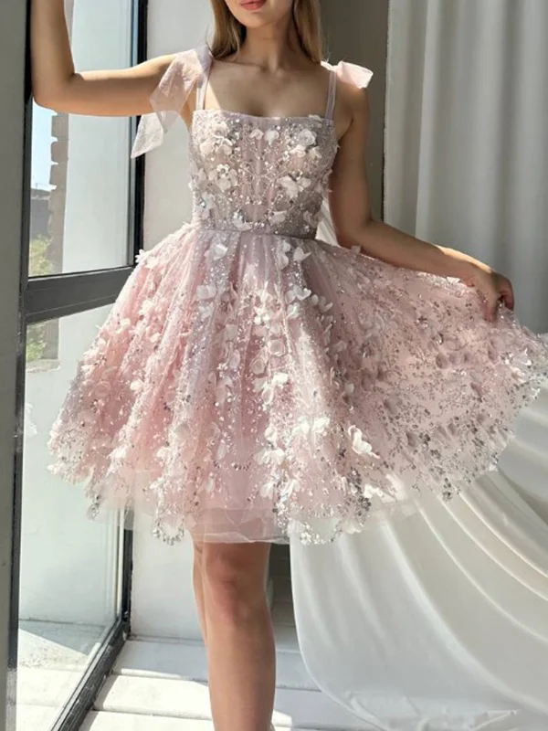 Shiny Sequinned flower mesh Sleeveless Spaghetti-Neck Evening mini Dresses
