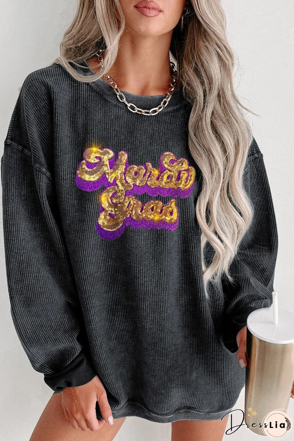 Mardi Gras Sparkle Black Embroidered Sequin Sweatshirt