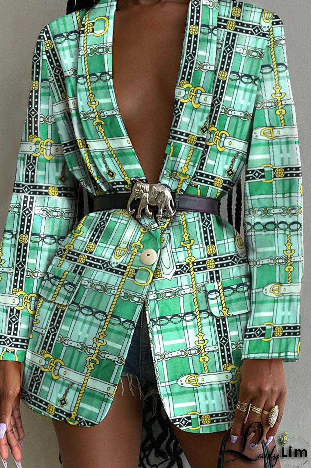 Multicolor Fashion Casual Print Patchwork Turn-back Collar Outerwear (Without Belt)