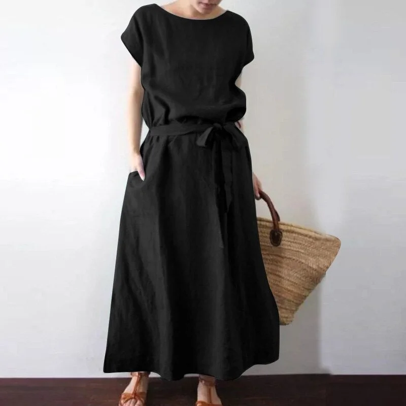 ZANZEA Kaftan Women Summer Short Sleeve Dress Female Loose Maxi Vestidos Elegant Solid Belted Pockets Sundress Robe Oversized