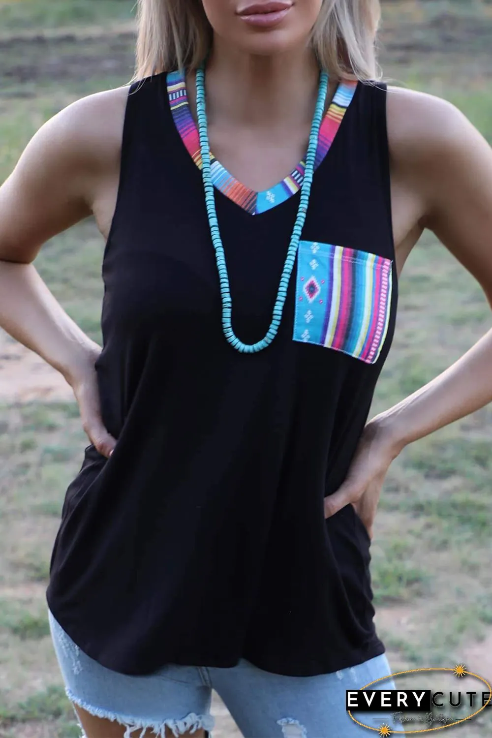 Tribal Patchwork V-neck Tank Top