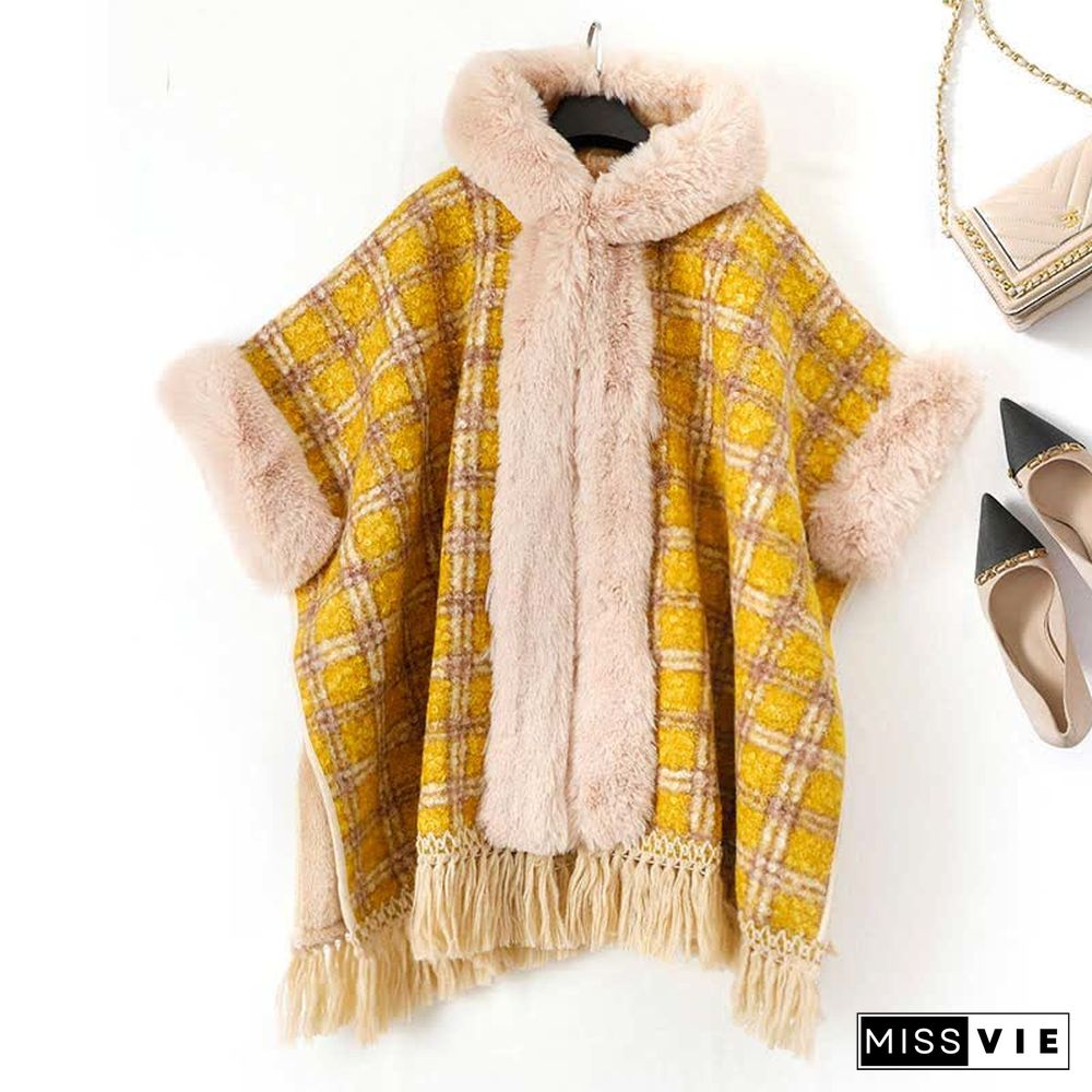 Plaid Print Furry Collar Fringed Casual Hooded Cloak Coat