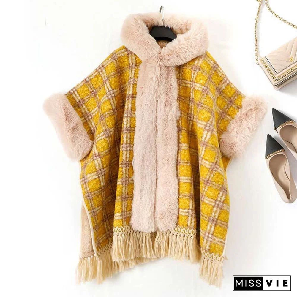 Plaid Print Furry Collar Fringed Casual Hooded Cloak Coat