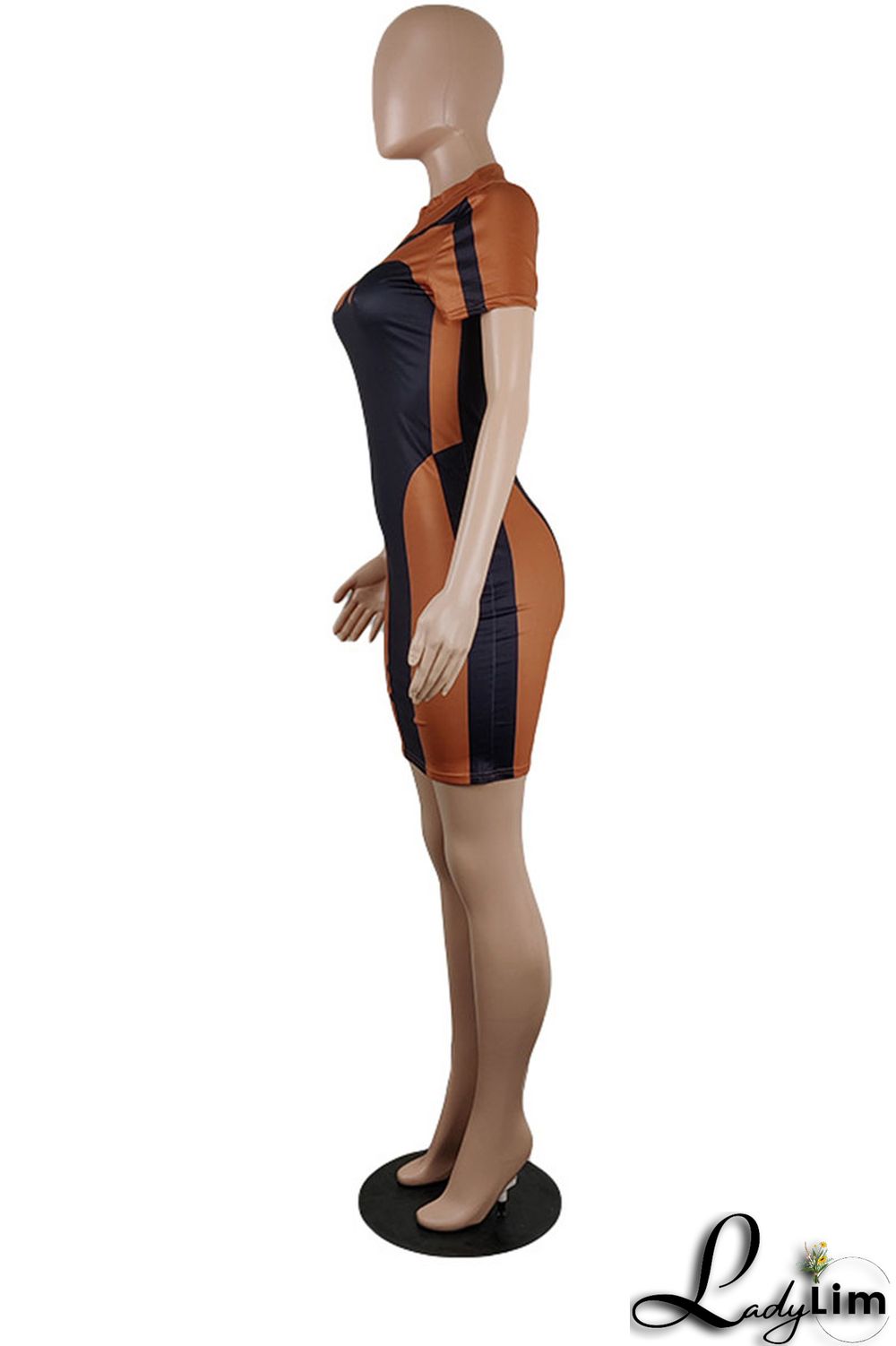 Brown Fashion Casual Patchwork Basic O Neck Short Sleeve Dress Dresses