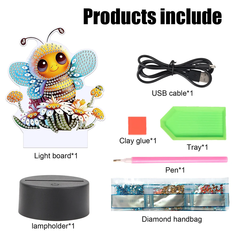 5D DIY Acrylic Bee Double Sided Diamond Painting LED Night Light for Adults