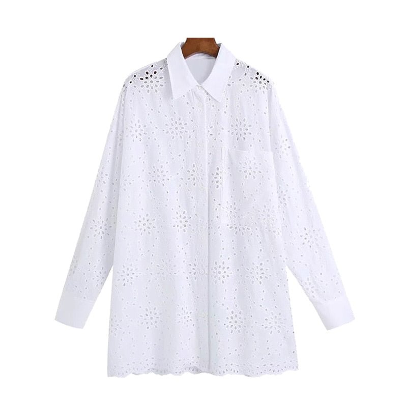 KPYTOMOA Women 2021 Fashion Hollow Out Embroidery Oversized White Blouses Vintage Long Sleeve Button-up Female Shirts Chic Tops