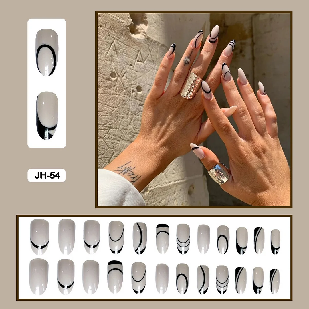 24Pcs/Set French Contracted Artistic Line Drip Shaped Short Wearable False Nails With Glue Manicure Art Tools Fake Nails-Nail Inspo